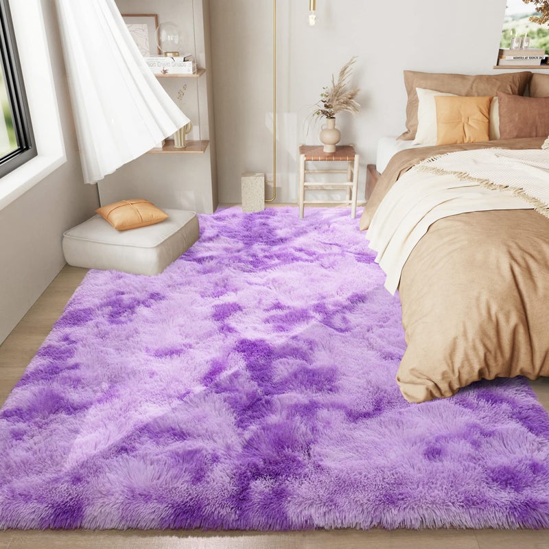 LOCHAS Luxury Fluffy Rainbow Area Rug for Girls Bedroom 4x6, Soft Fuzzy Kids Rugs for Bedroom Boys Playroom, Cute Colorful Tie Dye Princess Carpet for Nursery Living Room Home Decor, Purple - Image 2